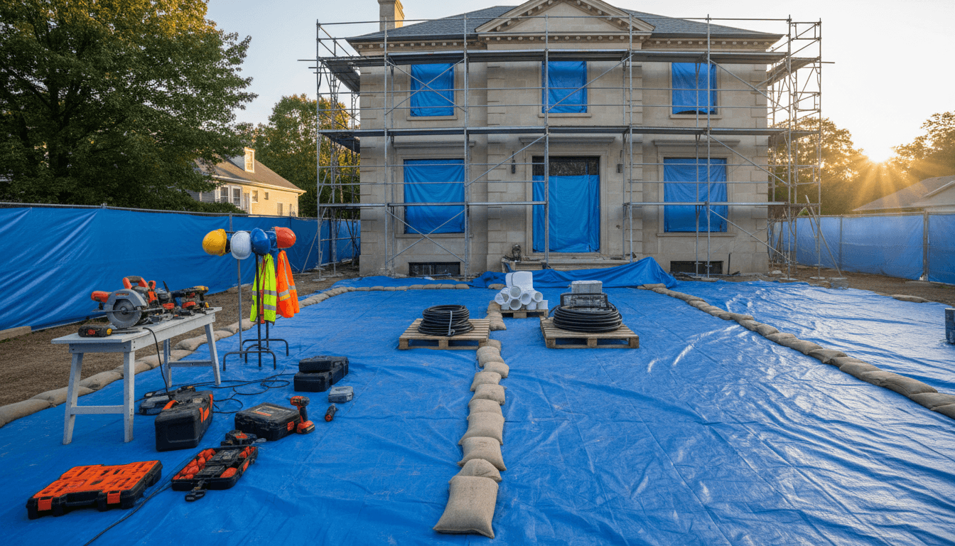Chantier de rénovation avec bâches de protection au sol et sur les fenêtres