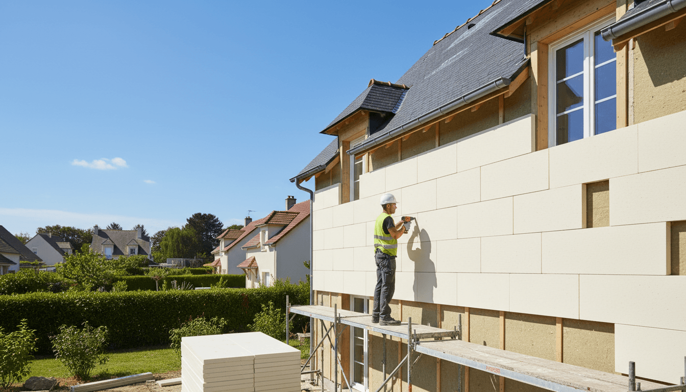 Pose de panneaux isolants sur le mur extérieur d'une maison individuelle