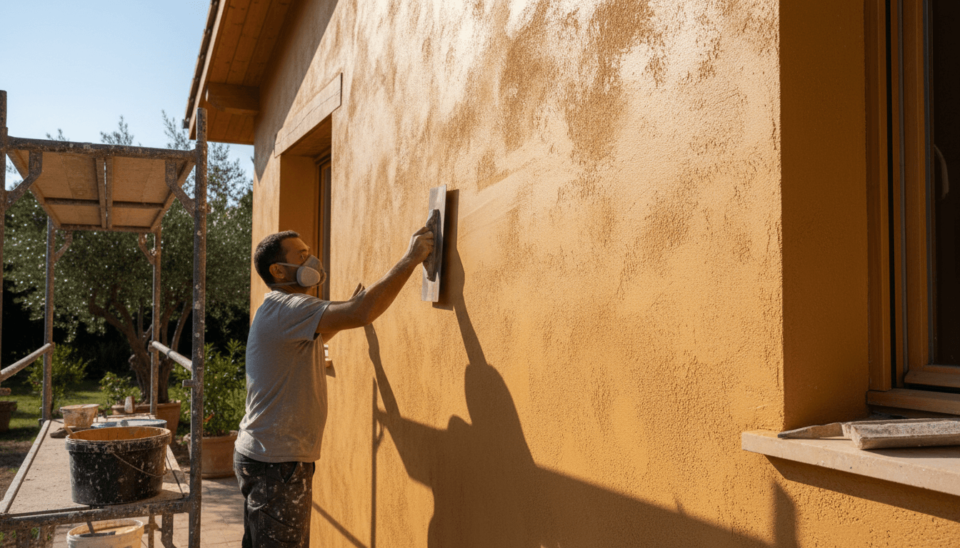 Finition décorative ocre appliquée sur une façade de maison rénovée