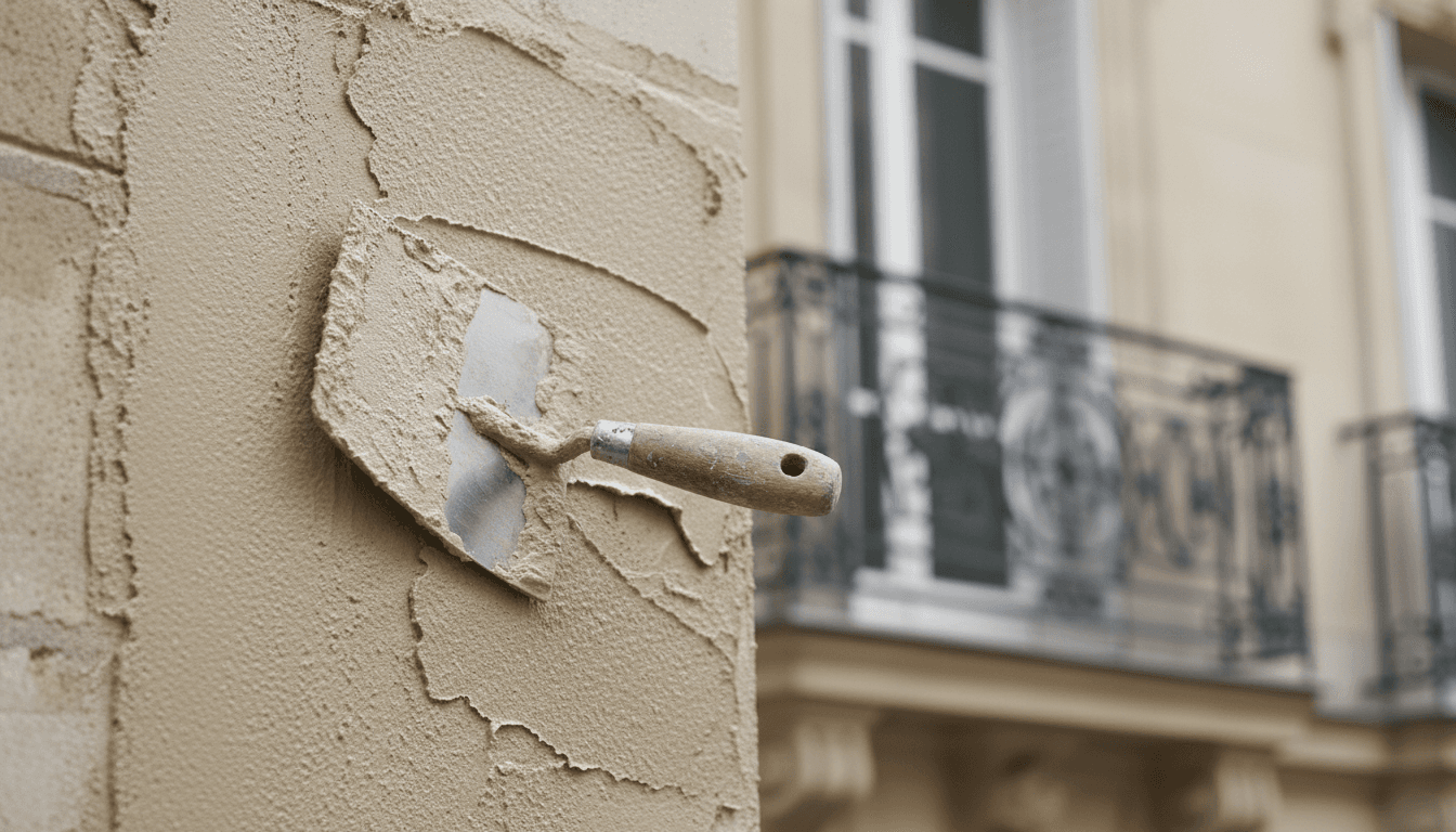 Gros plan d'une truelle appliquant un enduit neuf sur une façade parisienne