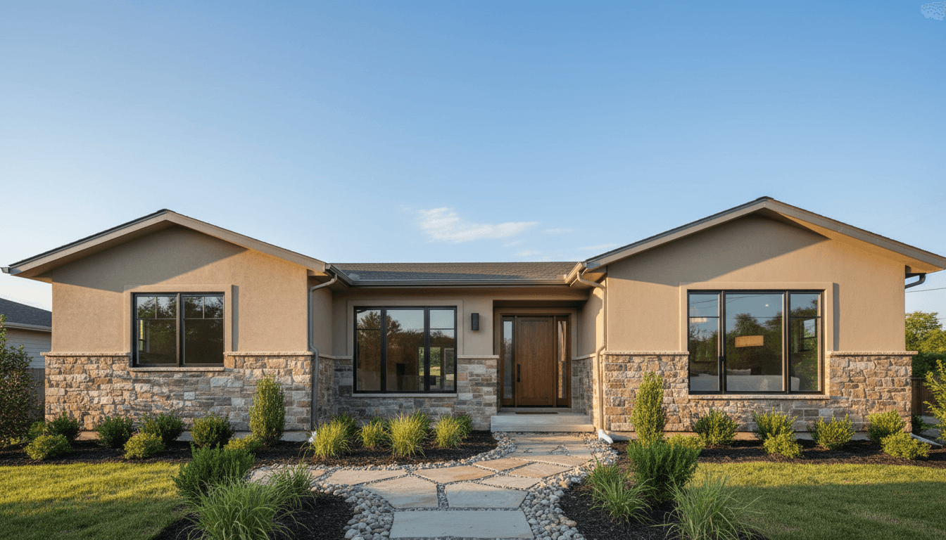 Completed residential home with premium stucco and masonry exterior finishing, landscaping, and golden hour lighting