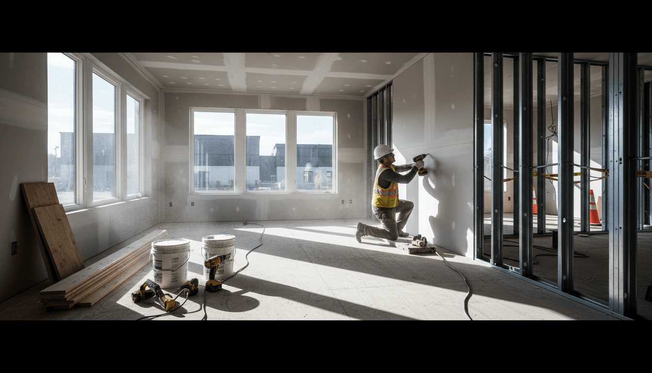 Zone de chantier organisée avec matériaux et outils