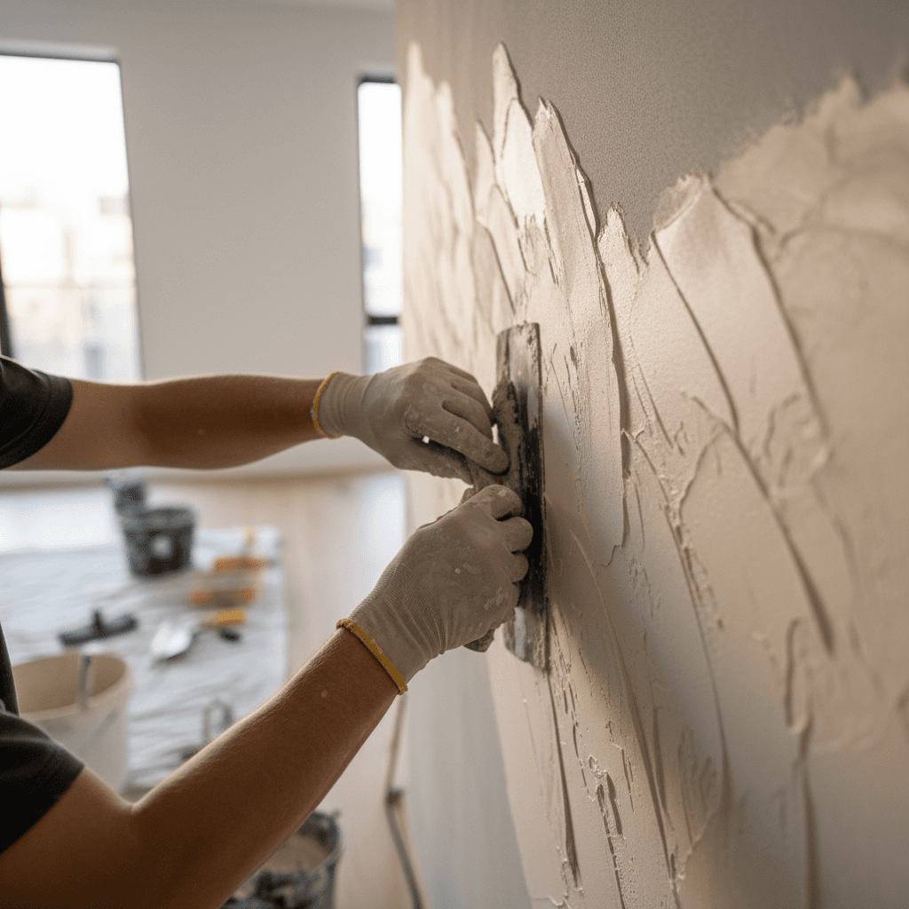 Finition d'un enduit décoratif sur un mur de maison