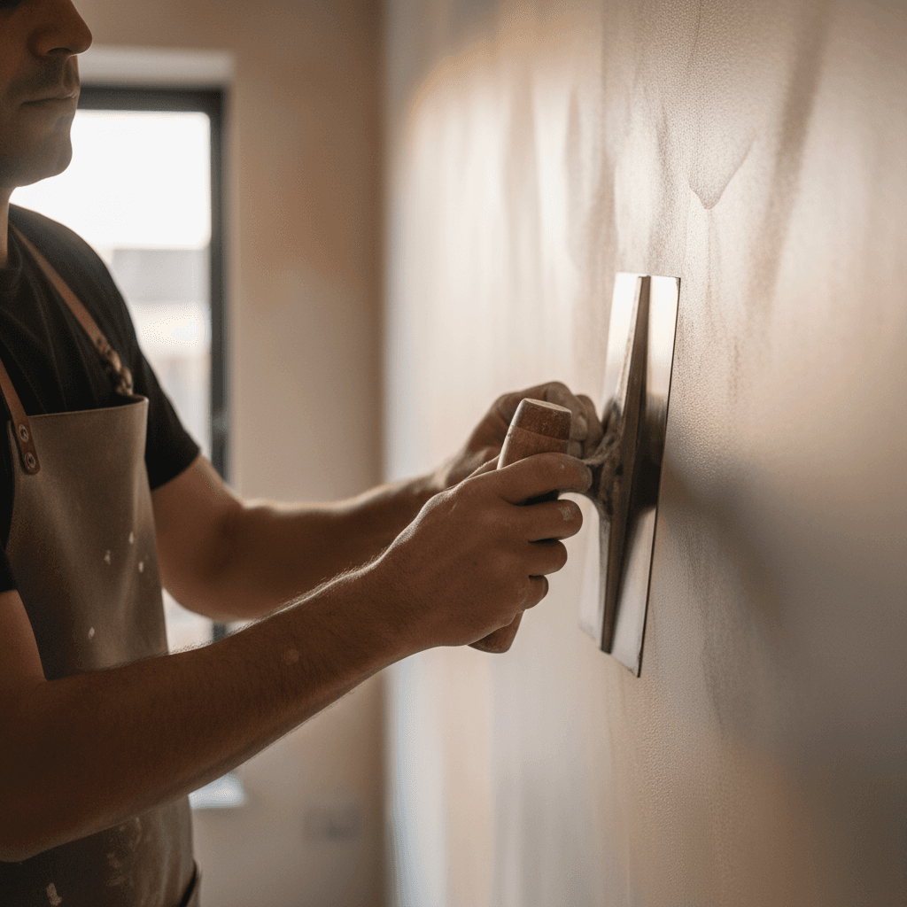 Artisan appliquant un enduit à la truelle